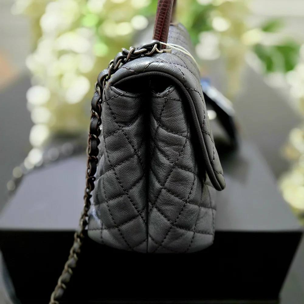 Chanel Coco Caviar Leather Quilted With Lizard Handle Gray Shoulder Bag Medium - Picture 9 of 12